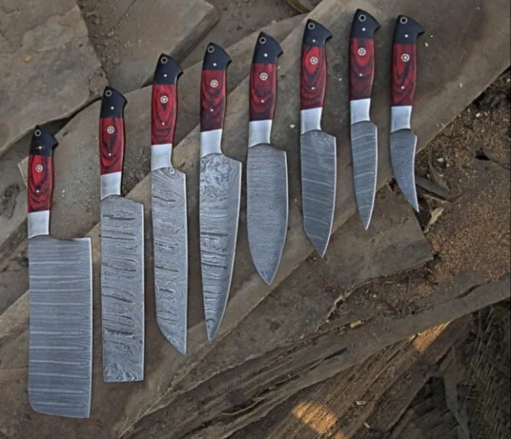 Hand-forged Damascus steel BBQ and chef knife set from Knives Gear Garage, featuring custom, high-quality kitchen knives.