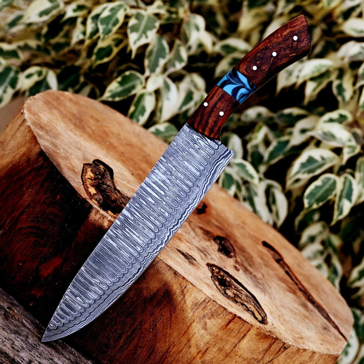 Handmade Damascus Steel 7-inch chef knife with rosewood and resin handle, ideal for professional cooking by Knives Gear Garage.