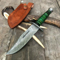 Custom handmade 12-inch Damascus steel Bowie knife with green hardwood handle, Damascus bolster, pommel, and leather sheath.