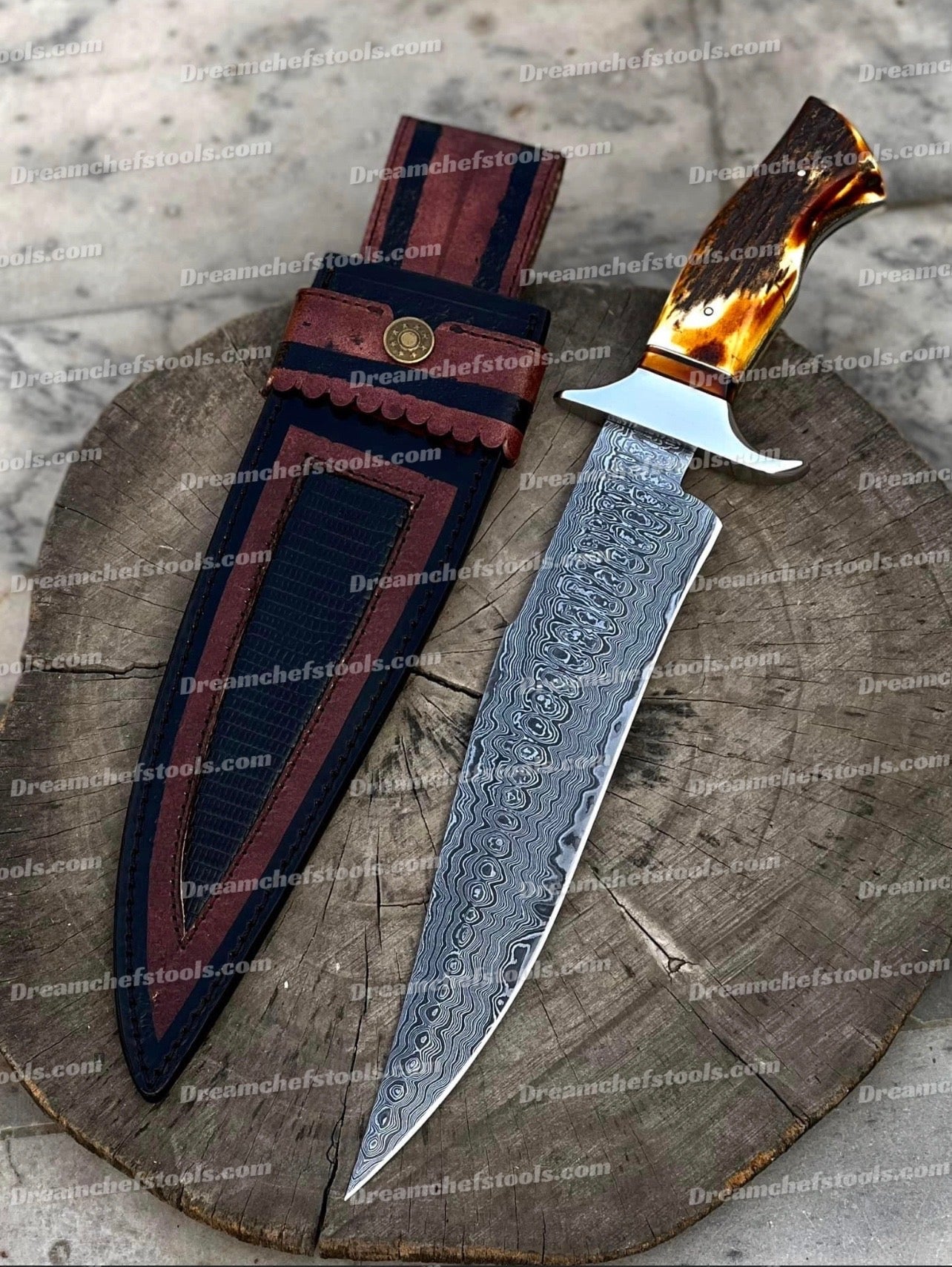 Best Custom Handmade 15" Damascus Steel Bowie Knife with Antler Horn Handle – Includes Leather Sheath