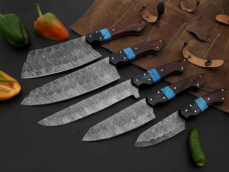 Handmade Damascus steel chef knife with Wenge resin handle and leather sheath, part of Texan Knives’ 8-inch kitchen knives set.
