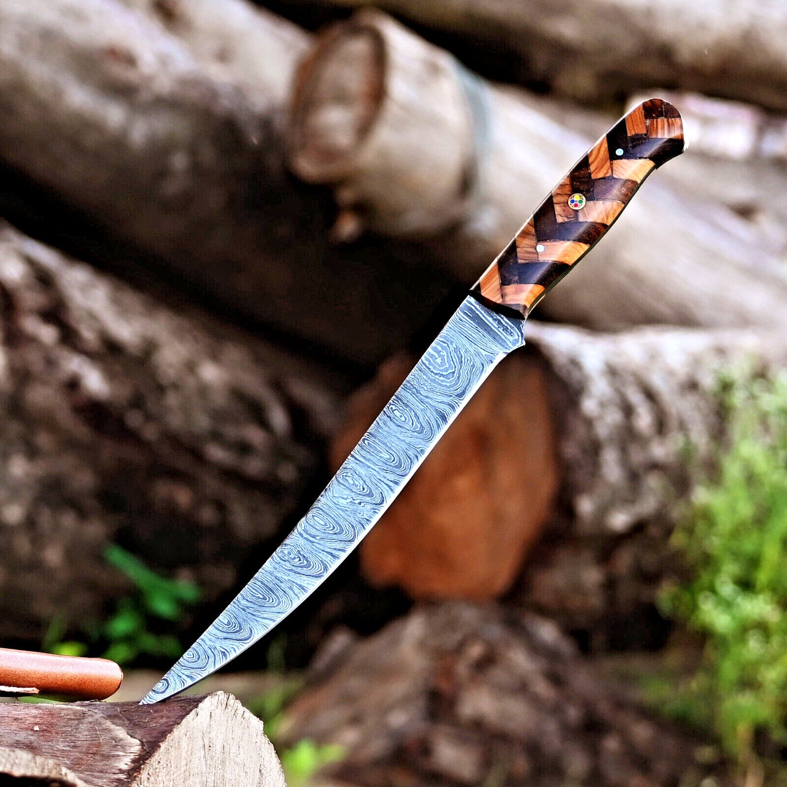 Fishing Fillet Knife - Handmade Damascus Steel Best Fillet Knife with Rosewood and Olive Wood Handle & Leather Sheath