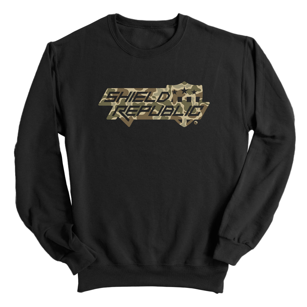 Shield Republic Duck Camo Stacked Logo - Black Sweatshirt | Relic & Reel