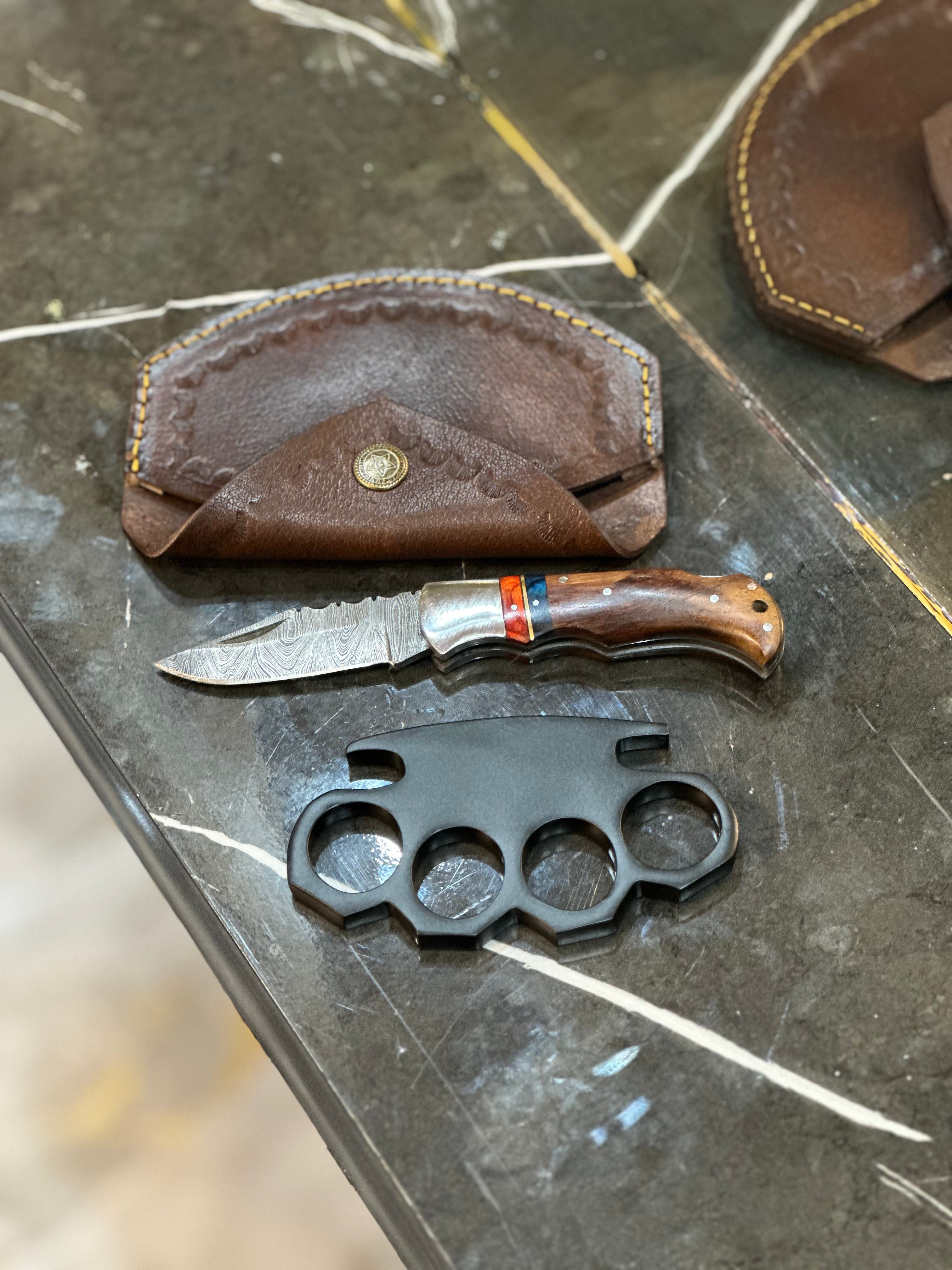 Custom Handmade Black Steel Knuckle Duster with Pocket Knife & Belt Loop Leather Case - Solid Brass Construction
