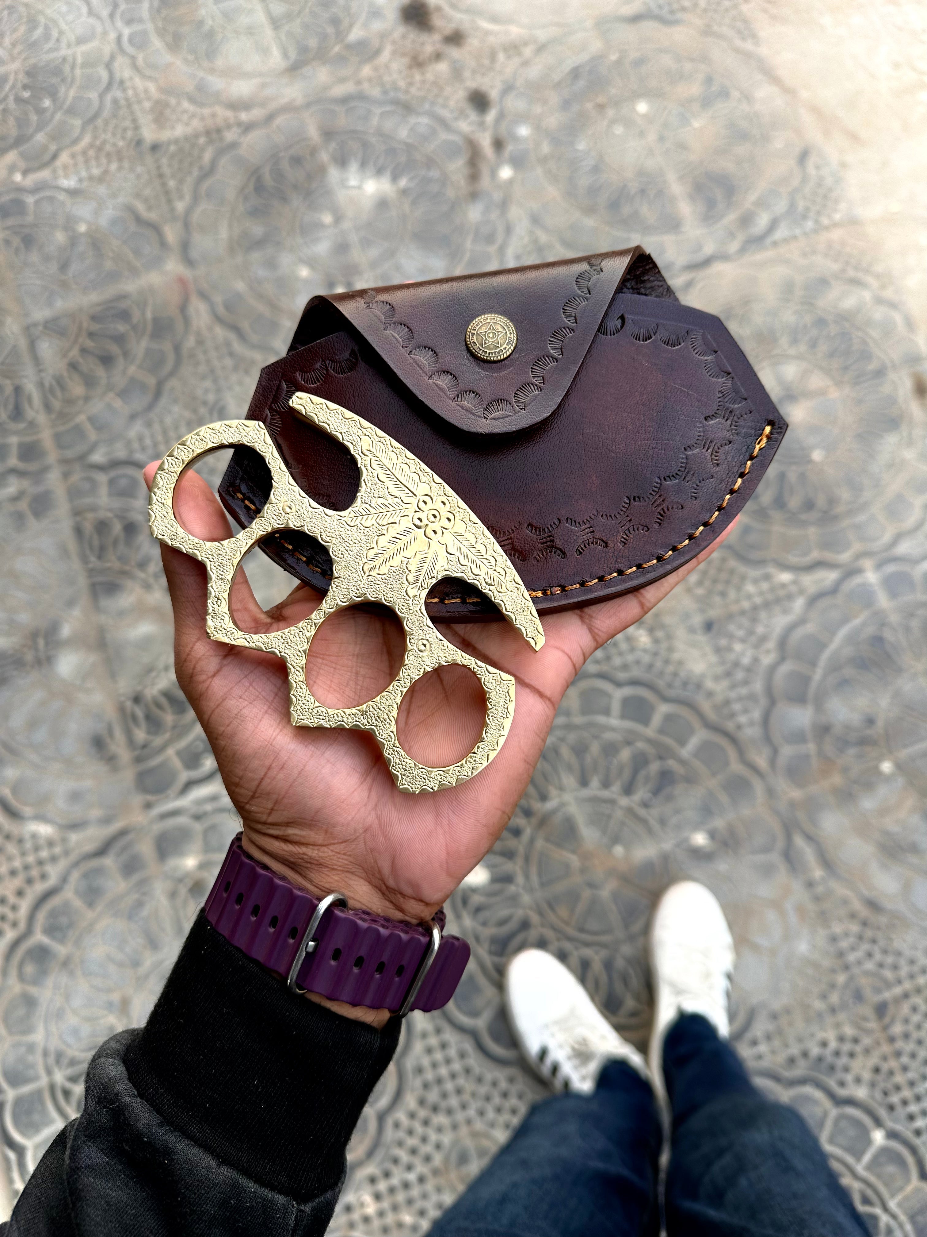 Handmade Engraved Brass Knuckles with Leather Belt Case – Solid Brass Everyday Carry