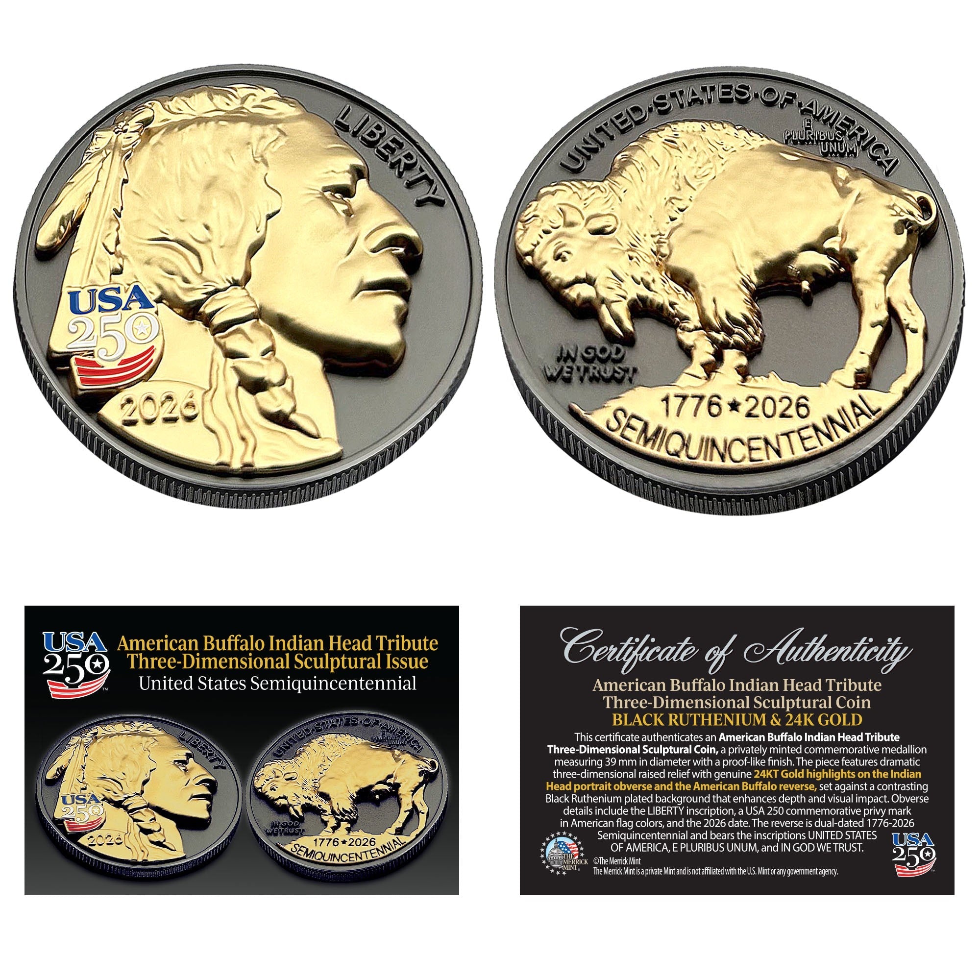 3D American Buffalo Indian Head Tribute Coin With USA 250 Privy Mark (Black Ruthenium & 24k Gold)