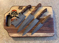 Set of four CSKFORGED Damascus kitchen chef knives displayed with sleek handles and sharp blades for versatile cooking tasks.