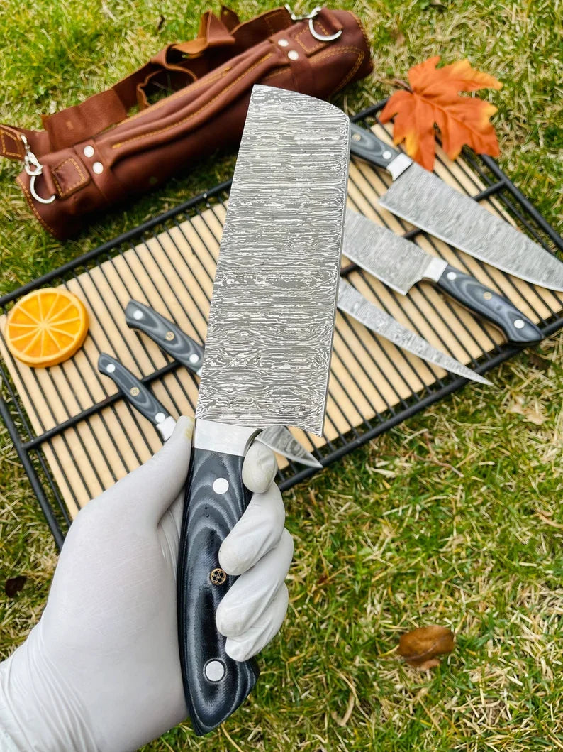 Luxury Knives Gear Garage Damascus Steel 5-piece kitchen knife set with G10 handles and steel bolsters in leather roll kit.
