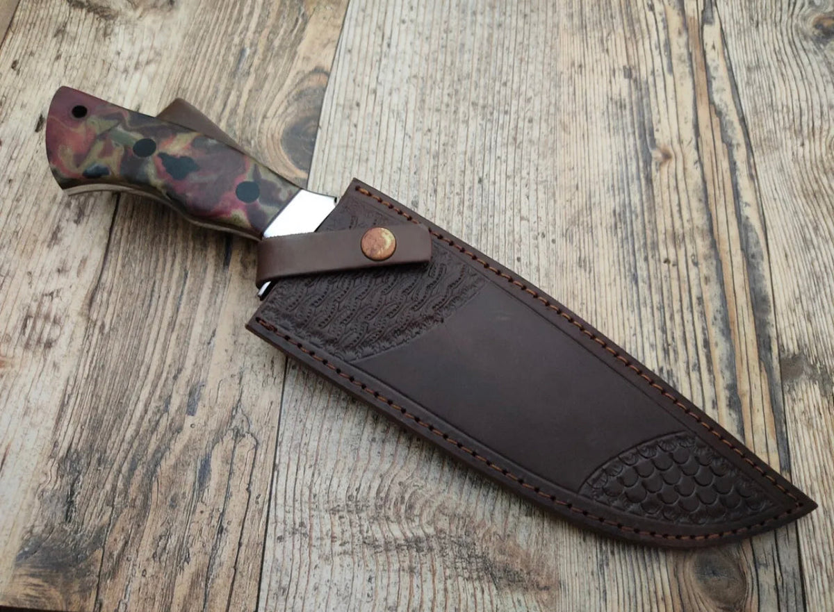 Handmade 1095 C steel bushcraft survival camping Bowie knife with leather sheath, crafted by Knives Gear Garage.