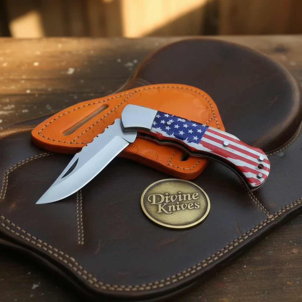 American Flag Lockback Pocket Knife with Patriotic Folding Blade