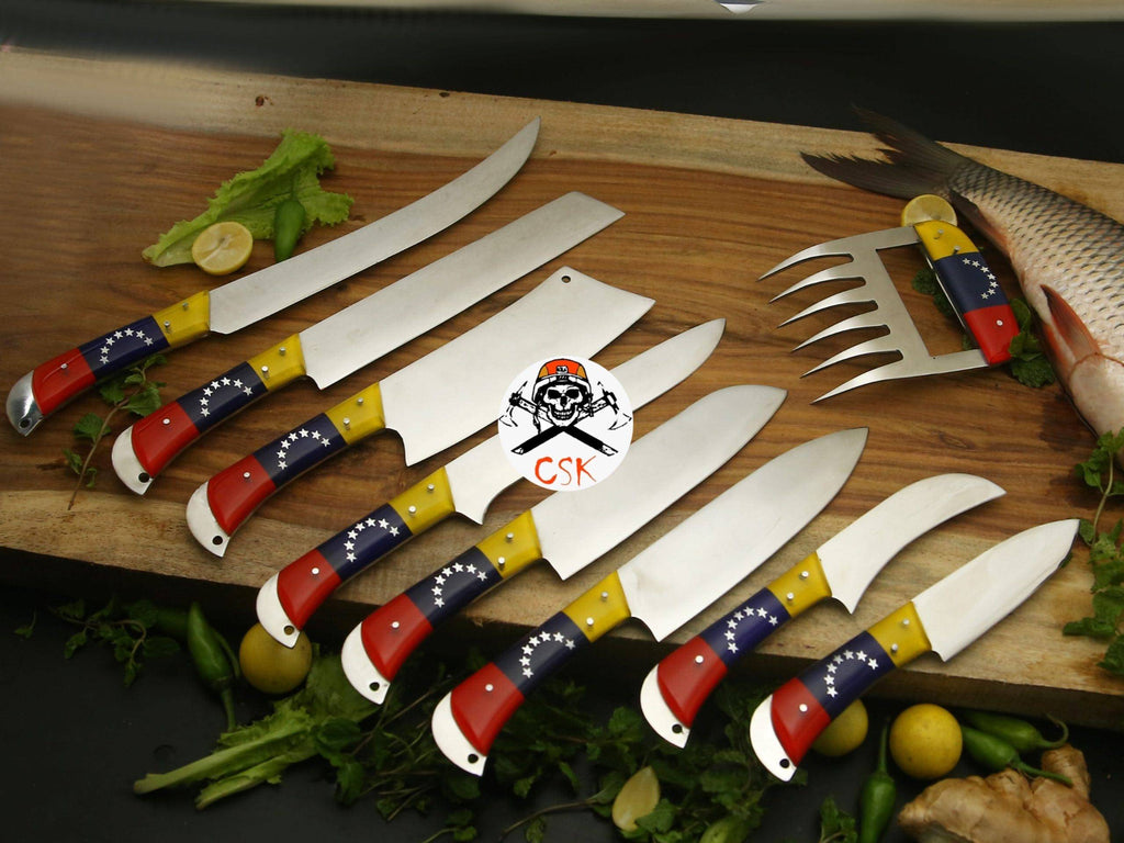 White steel Venezuela chef knife by cskforged with a sharp blade and ergonomic handle, ideal for precise kitchen cutting tasks.