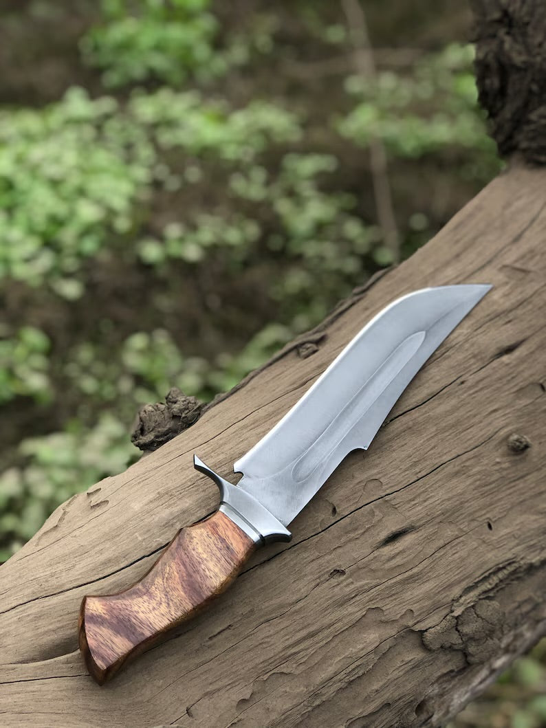 Custom handmade 15-inch D2 steel Bowie knife with acid wash finish, rosewood handle, and steel guard.