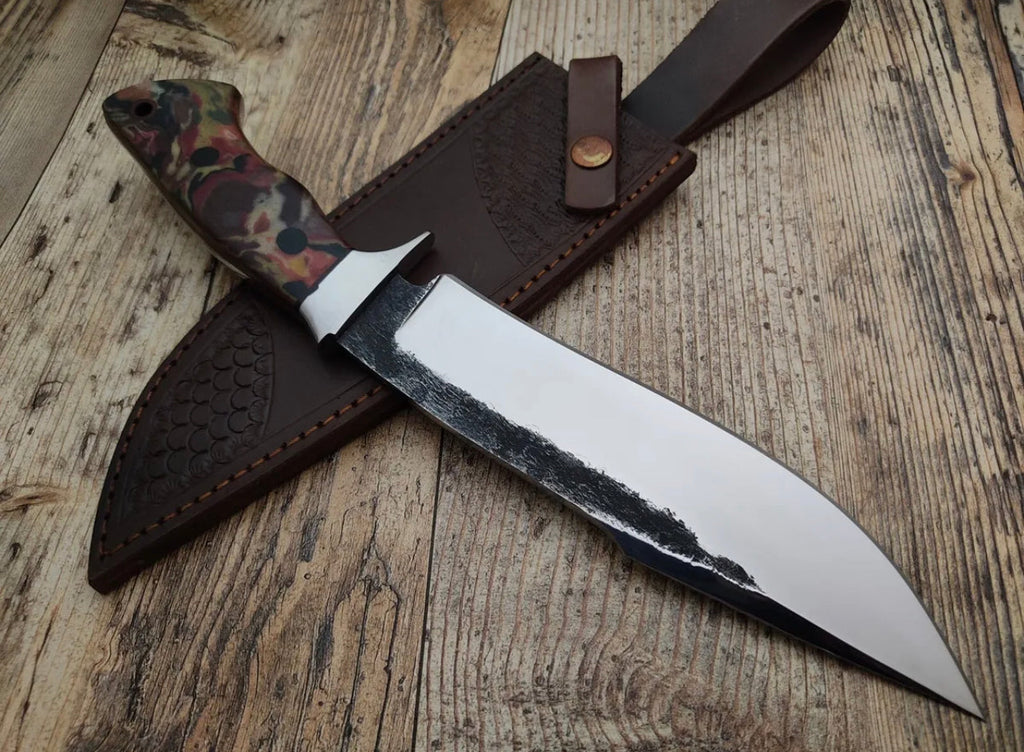 Handmade 1095 C steel bushcraft survival camping fixed blade Bowie knife with leather sheath by Knives Gear Garage