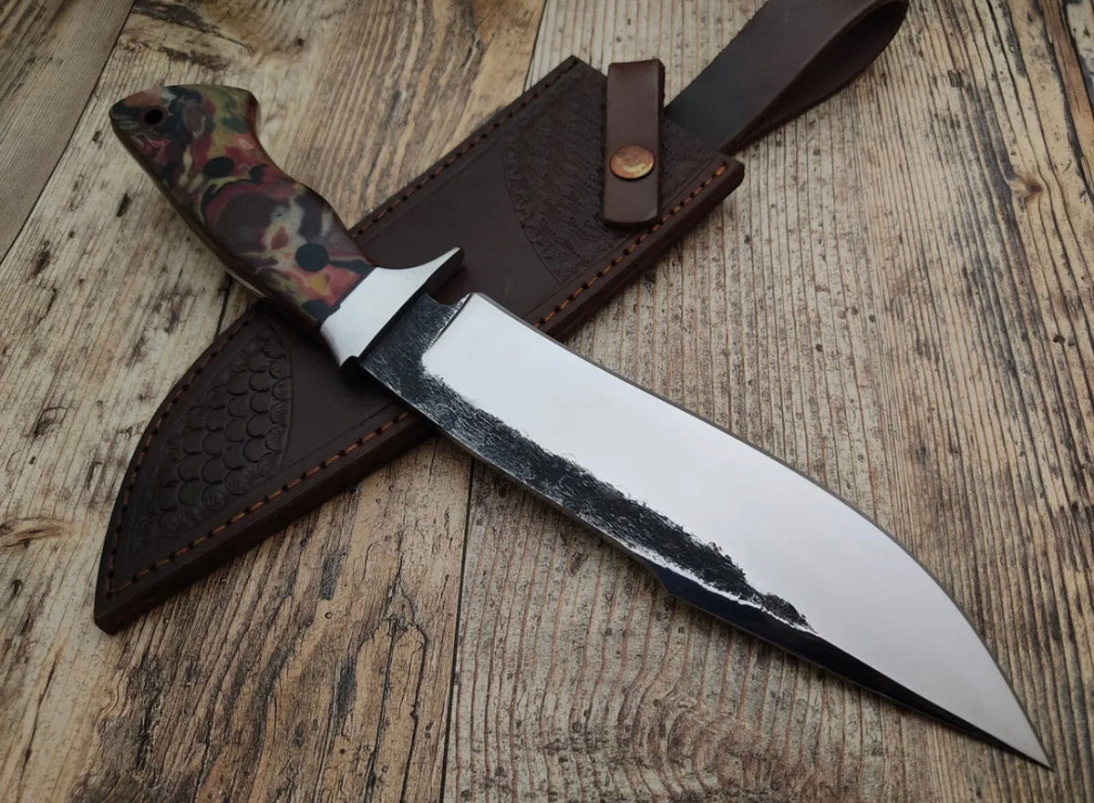 Handmade 1095 C steel bushcraft survival camping fixed blade Bowie knife with leather sheath by Knives Gear Garage