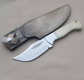 8-inch handmade skinning knife with J2 steel blade and camel bone handle, displayed on a wooden surface.
