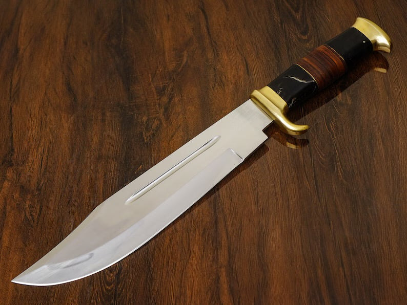 Premium 16-inch Crocodile Dundee Bowie Knife by Knives Gear Garage with brass guard, buffalo horn handle, leather handle, and sheath.