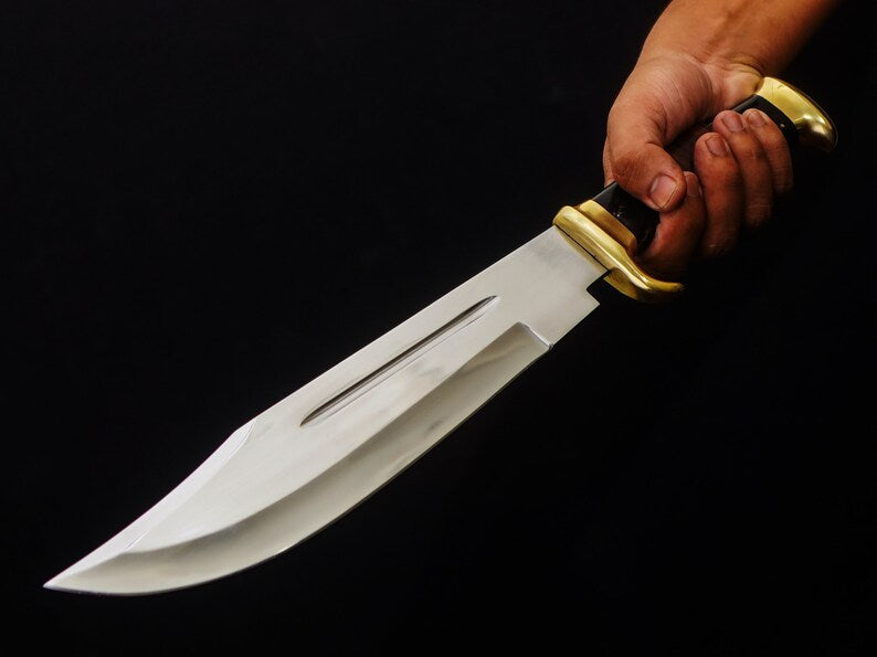 Premium 16-inch Crocodile Dundee Bowie Knife by Knives Gear Garage with brass guard, buffalo horn handle, leather sheath.