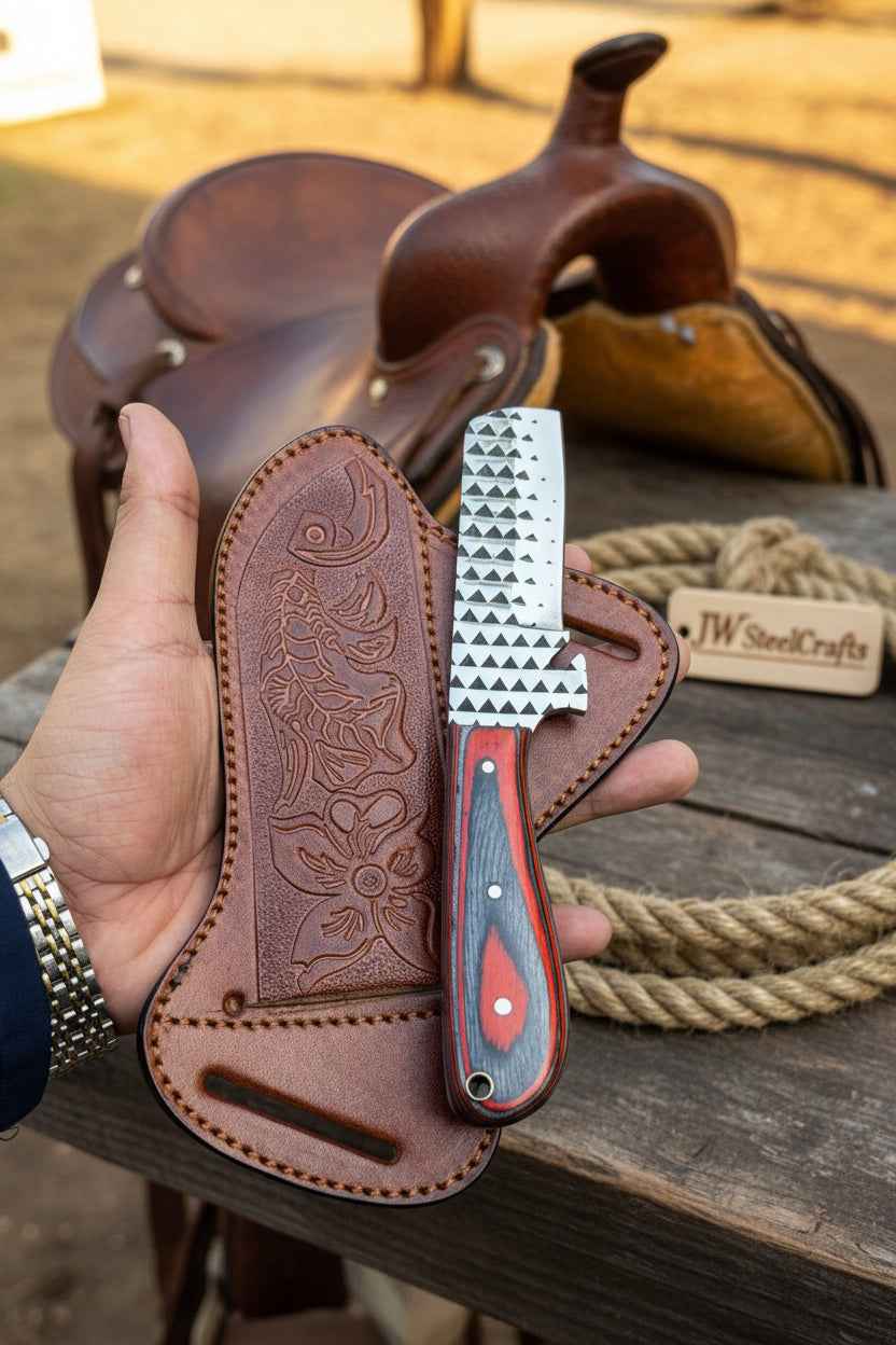 Skyvein Bull Cutter Knife set with 7-inch handmade carbon steel blades and resin handles, crafted by JW SteelCrafts.