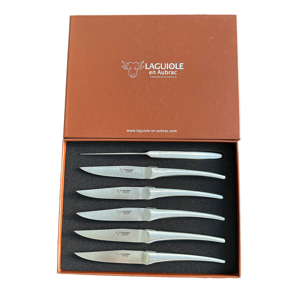 Laguiole en Aubrac Handcrafted 6-Piece Steak Knife Set with Matte Stainless Steel Handles