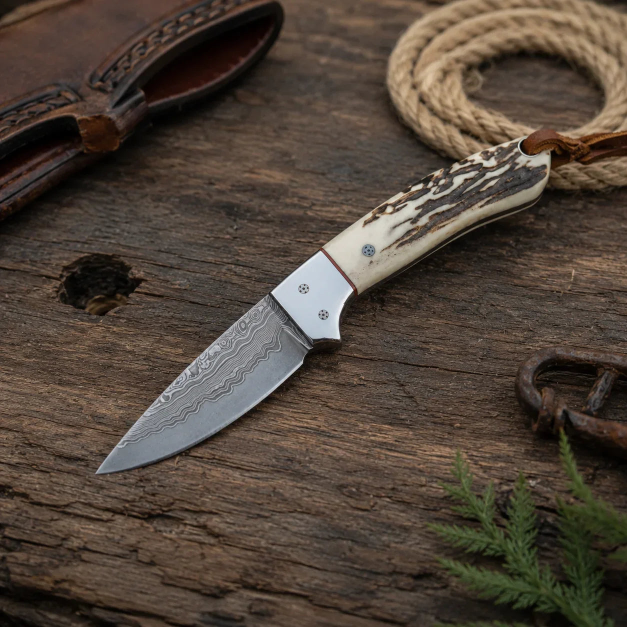 Cross Draw Knife – Damascus Steel, Antler Horn Handle, Steel Bolster & Leather Sheath | 6.25"