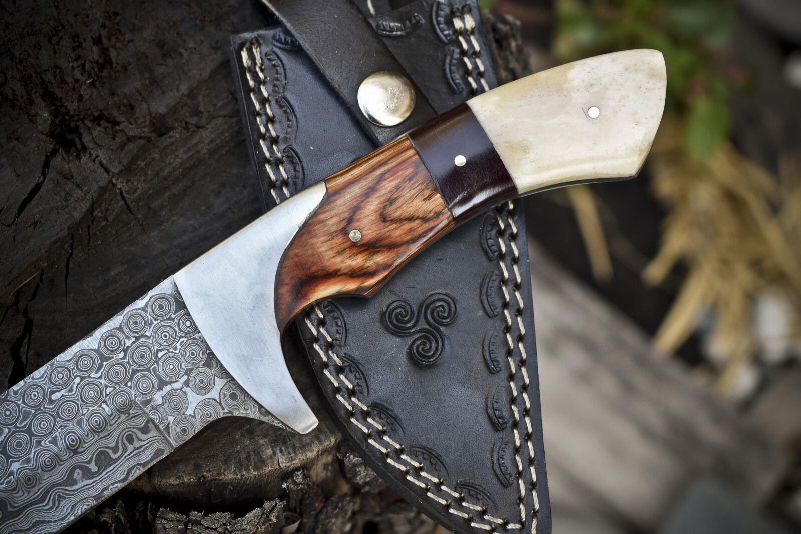 Custom Handmade Damascus Steel Hunting Knife with Pakkawood & Camel Bone Handle, Steel Bolster | Includes Leather Sheath