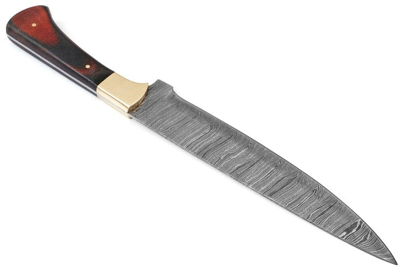 Custom Handmade Damascus Fillet Knife - 12" with Exotic Wood Handle and Brass Bolster