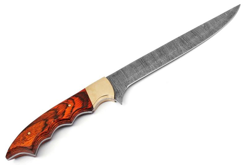 Custom Handmade Damascus Fillet Knife - 12" with Exotic Wood Handle and Brass Bolster