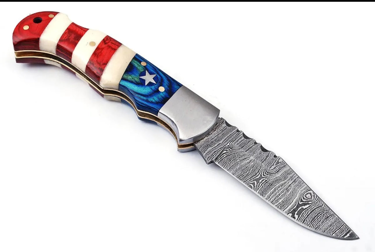 Custom Handmade Damascus Folding Knife - 3" Blade with American Flag Handle and Steel Bolster, Leather Sheath Included