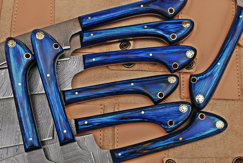Exquisite Custom Handmade Damascus Kitchen Knife Set | Twisted Pattern Blades & Exotic Wood Handles | Perfect Gift Item