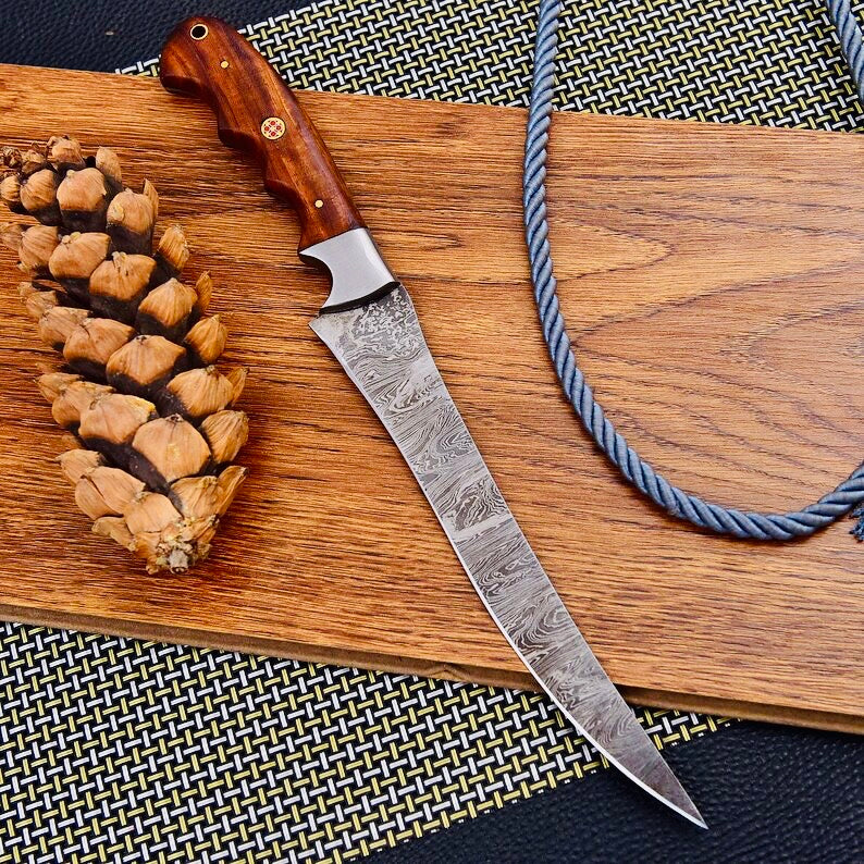 Custom Handmade Damascus Steel Fishing Fillet Knife – 13 Inches, Rosewood Handle with Steel Bolster, Sharp Edge Blade, Leather Sheath