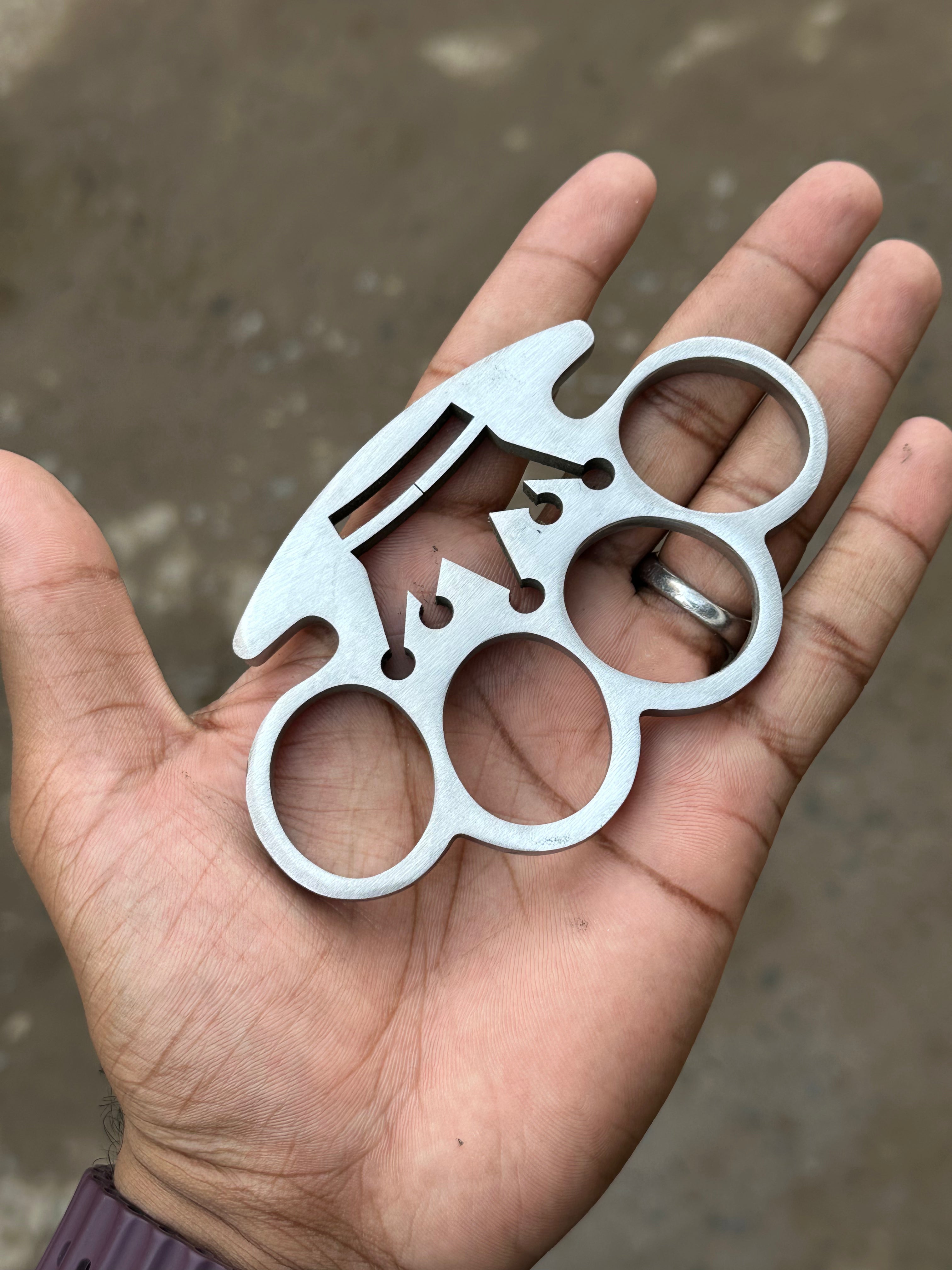 Custom Brass Knuckle with Crown Wirecut - Solid Stainless Steel with Leather Belt Loop Case