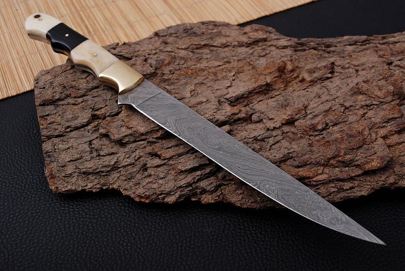 Custom Handmade 13-Inch Damascus Fillet Knife with Buffalo Horn and Bone Handle, Brass Accents