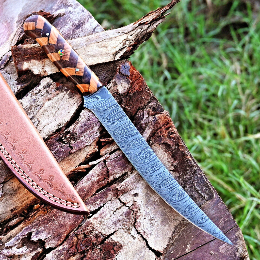 Fishing Fillet Knife - Handmade Damascus Steel Best Fillet Knife with Rosewood and Olive Wood Handle & Leather Sheath