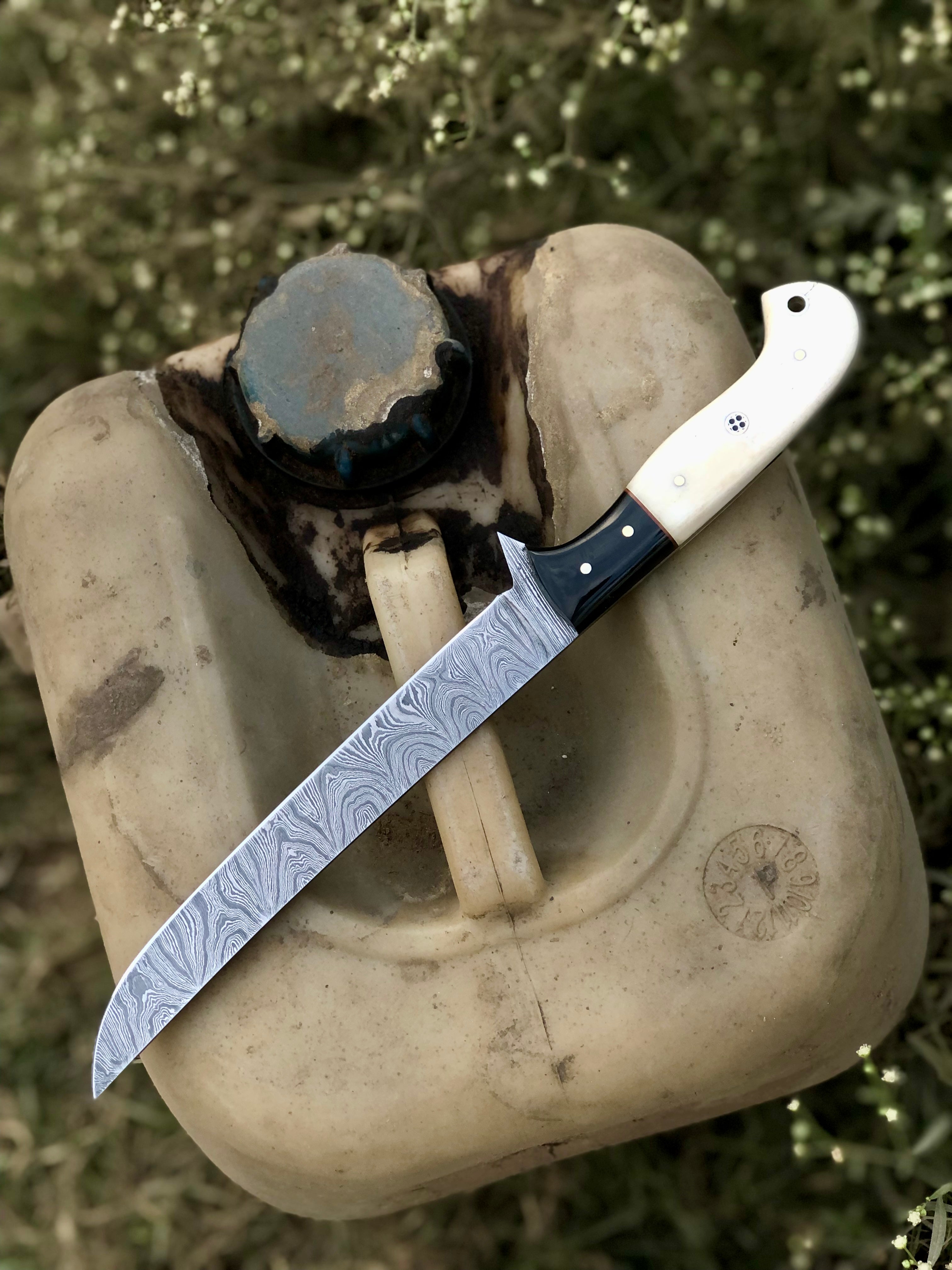 Custom Handmade Damascus Steel Fillet Knife with Wenge Wood and Bone Handle - Includes Leather Sheath