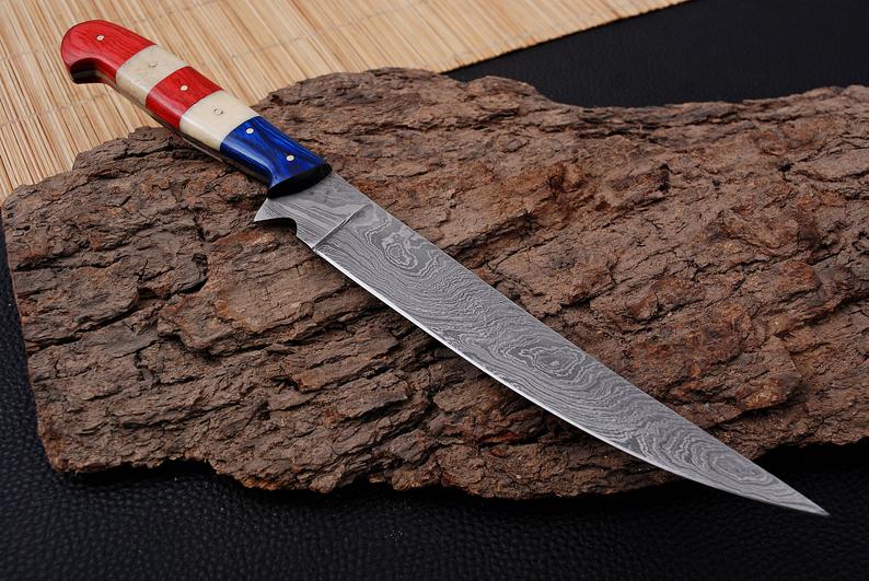 Custom Handmade 12-Inch Damascus Fillet Knife with Exotic Wood and Bone Handle, Leather Sheath Included