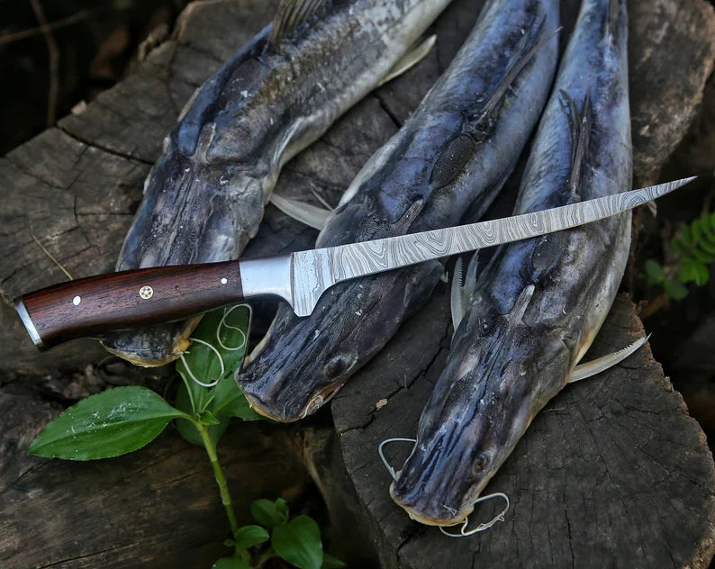 Custom Handmade 13-Inch Damascus Steel Fillet Knife with Rosewood Handle and Steel Bolster