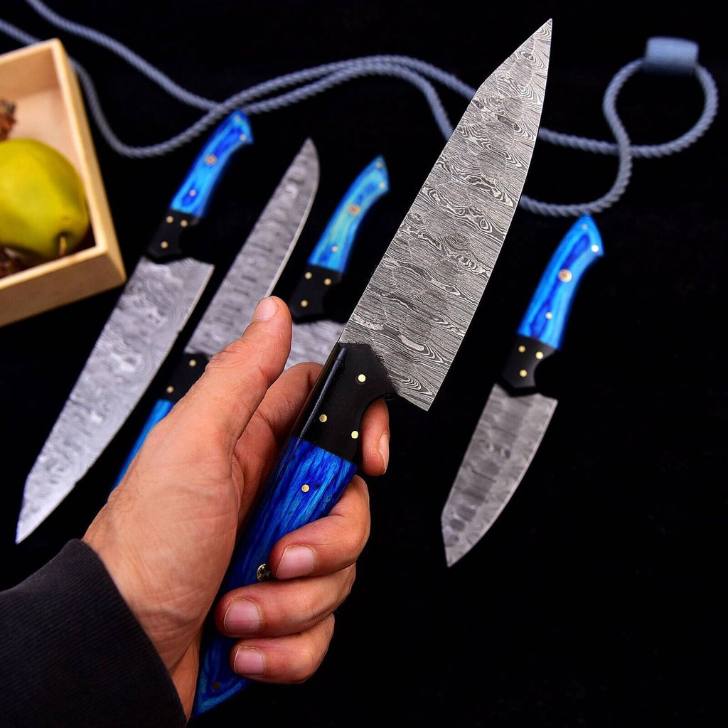 Custom Handmade Damascus Knife Set with Block