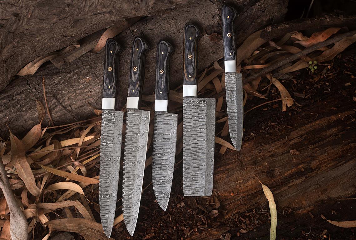 Custom Handmade Damascus Kitchen Knives Set with Exotic Wood Handles and Steel Bolsters