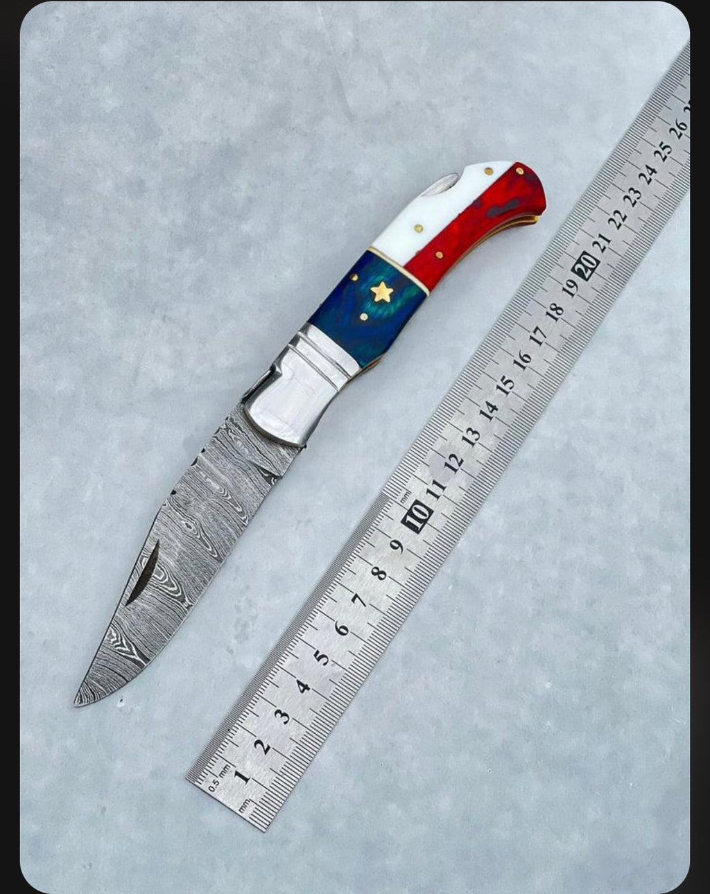Custom Handmade Damascus Folding Knife – 3" Blade | Patriotic American Flag Handle with Steel Bolster & Leather Sheath