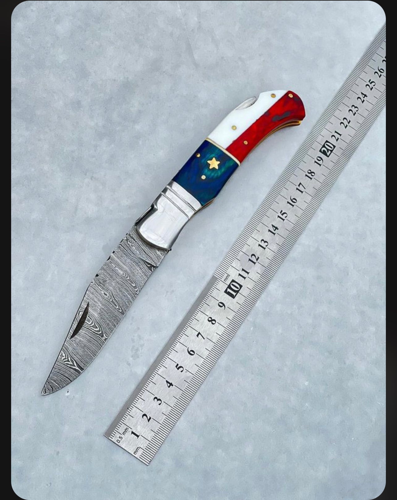 Custom Handmade Damascus Folding Knife – 3" Blade | Patriotic American Flag Handle with Steel Bolster & Leather Sheath