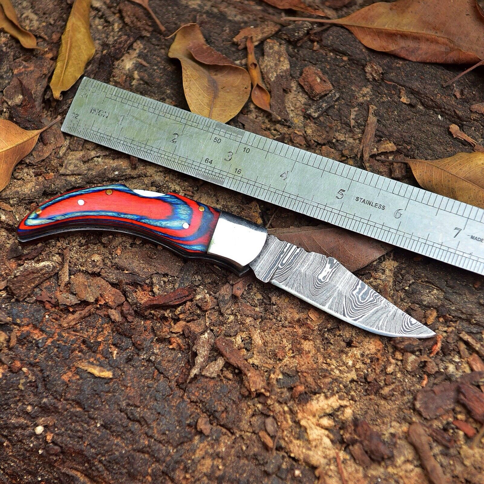 Fall Edition – New Handmade Damascus Pocket Knife 4" with Pakka Wood Handle & Leather Belt Sheath