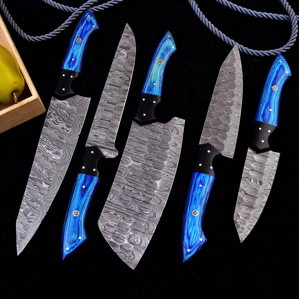Custom Handmade Damascus Knife Set with Block
