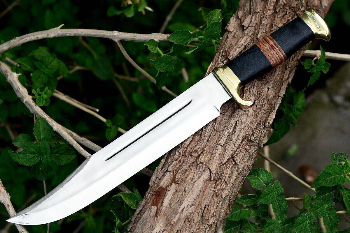 Crocodile Dundee Bowie Knife with 15-inch handmade J2 steel blade, brass guard, and leather-wrapped handle.