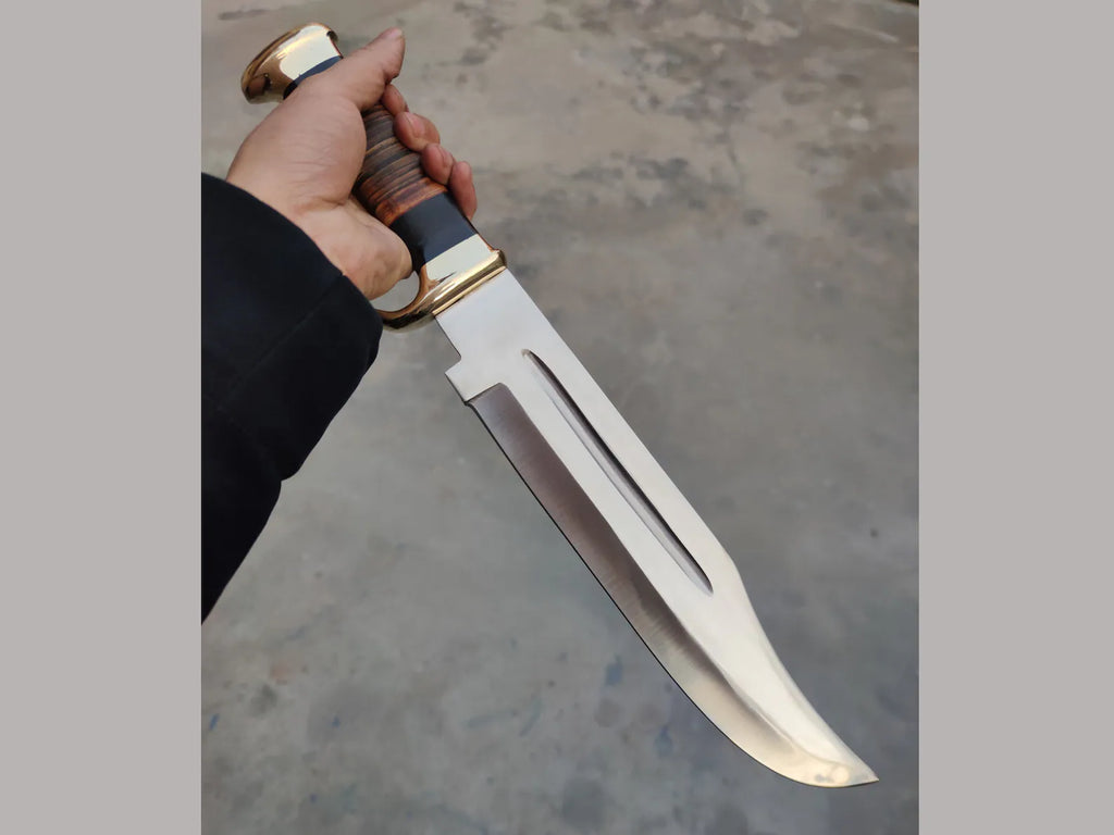 Handmade J2 Steel Crocodile Dundee Bowie Knife – 16” Survival Blade with Buffalo Horn & Leather Handle + Brass Guard & Sheath
