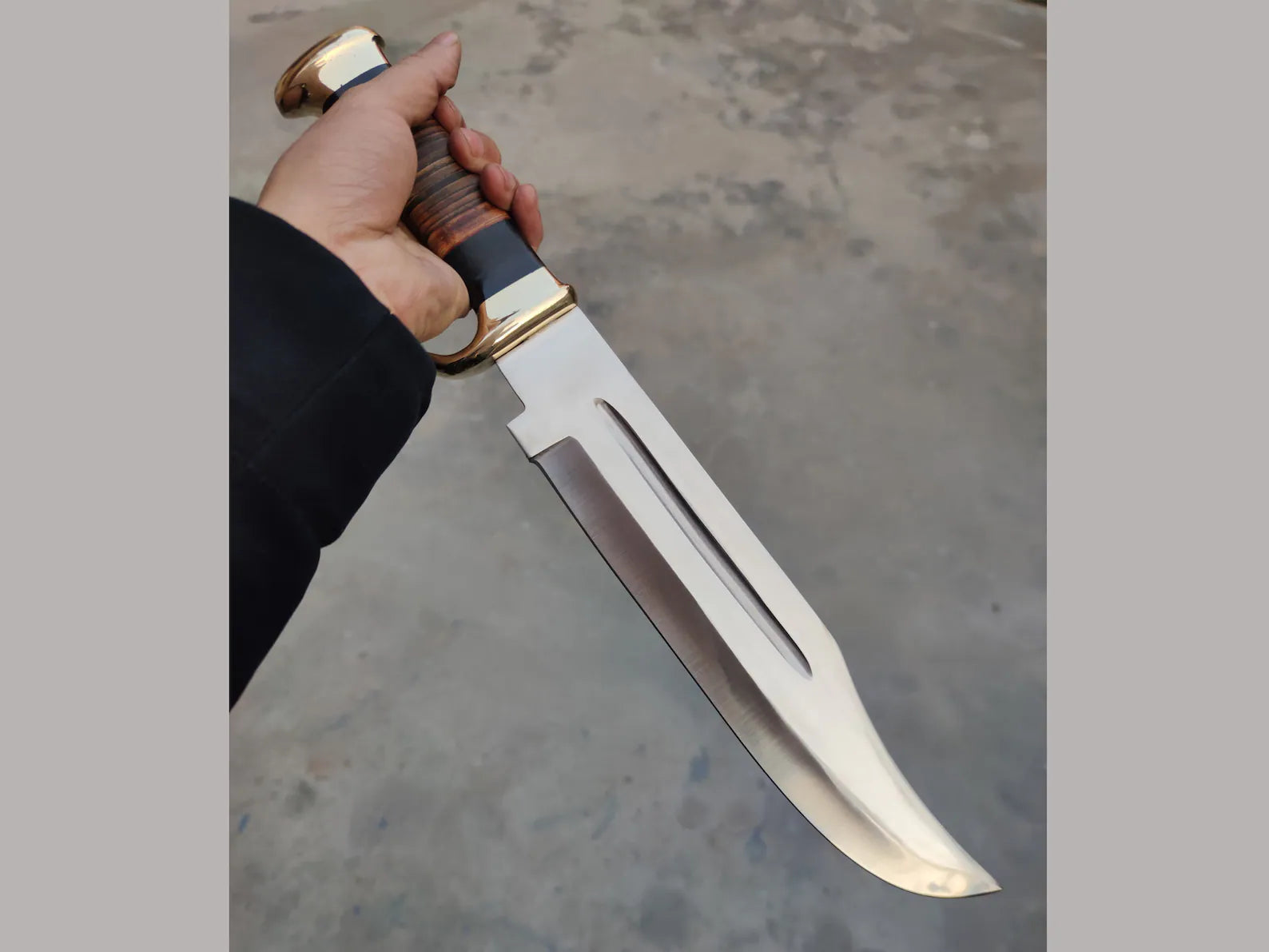 Handmade J2 Steel Crocodile Dundee Bowie Knife – 16” Survival Blade with Buffalo Horn & Leather Handle + Brass Guard & Sheath