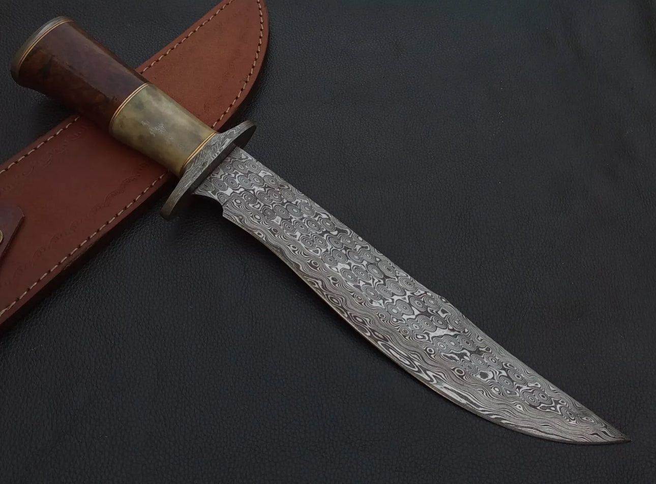 Custom Handmade 15” Bowie Knife with Color Bone Handle & Damascus Steel Guard – Includes Leather Sheath
