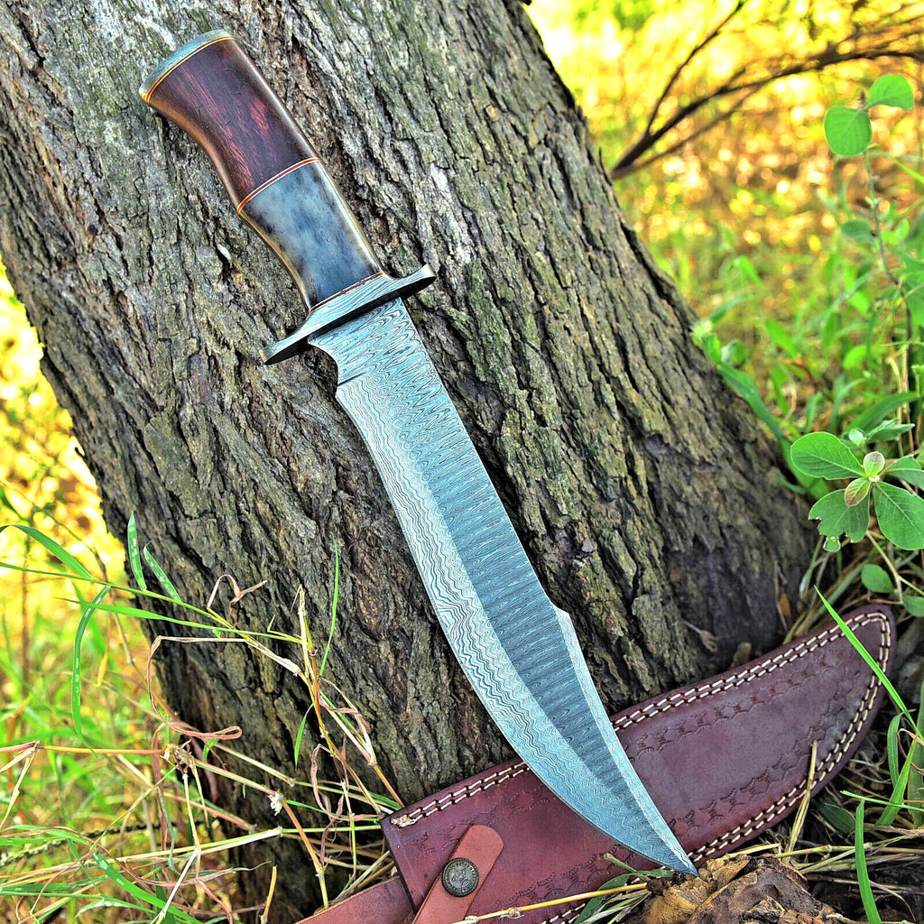 Custom Made 16" Damascus Steel Bowie Knife with Camel Bone and Rosewood Handle, Includes Leather Sheath