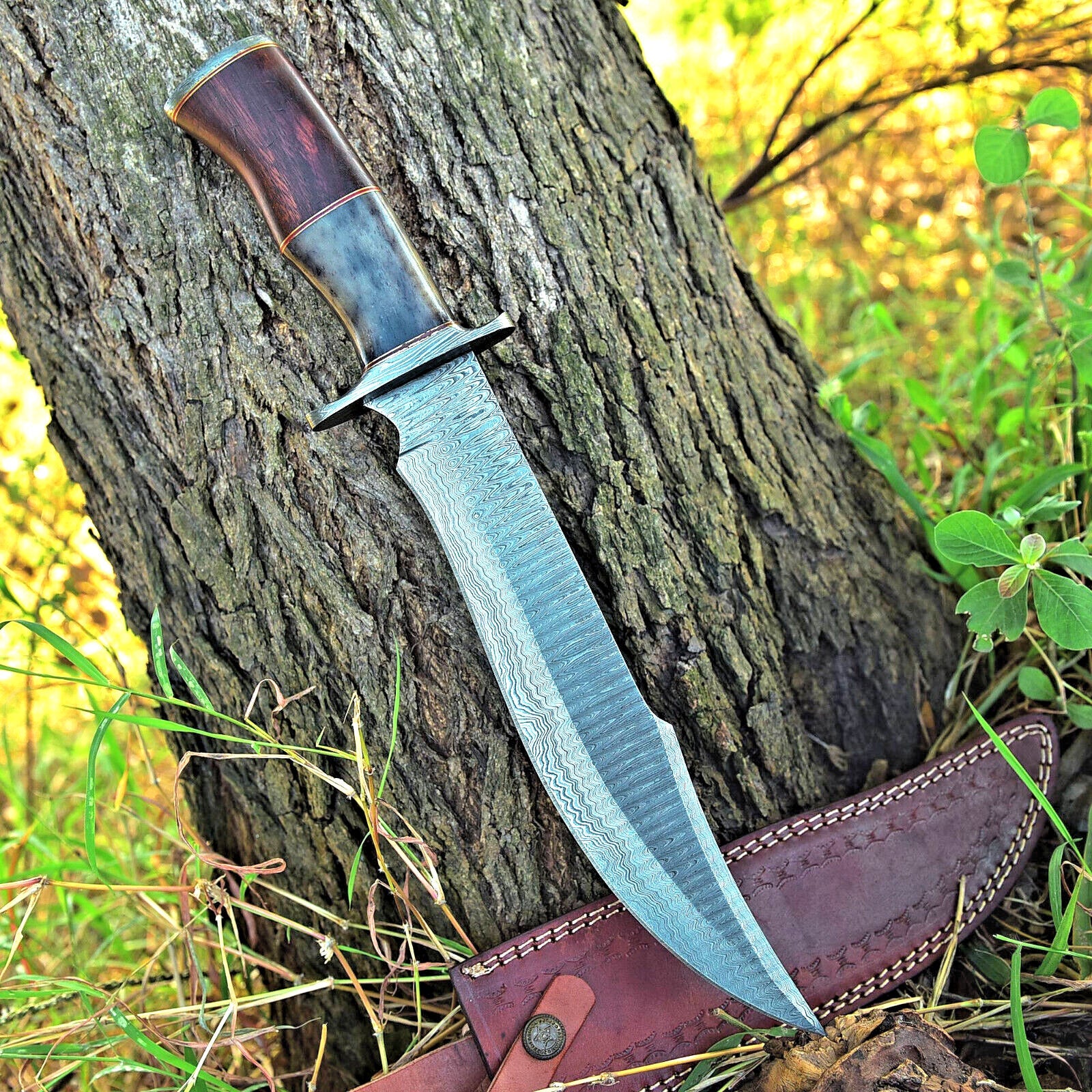 Custom Made 16" Damascus Steel Bowie Knife with Camel Bone and Rosewood Handle, Includes Leather Sheath