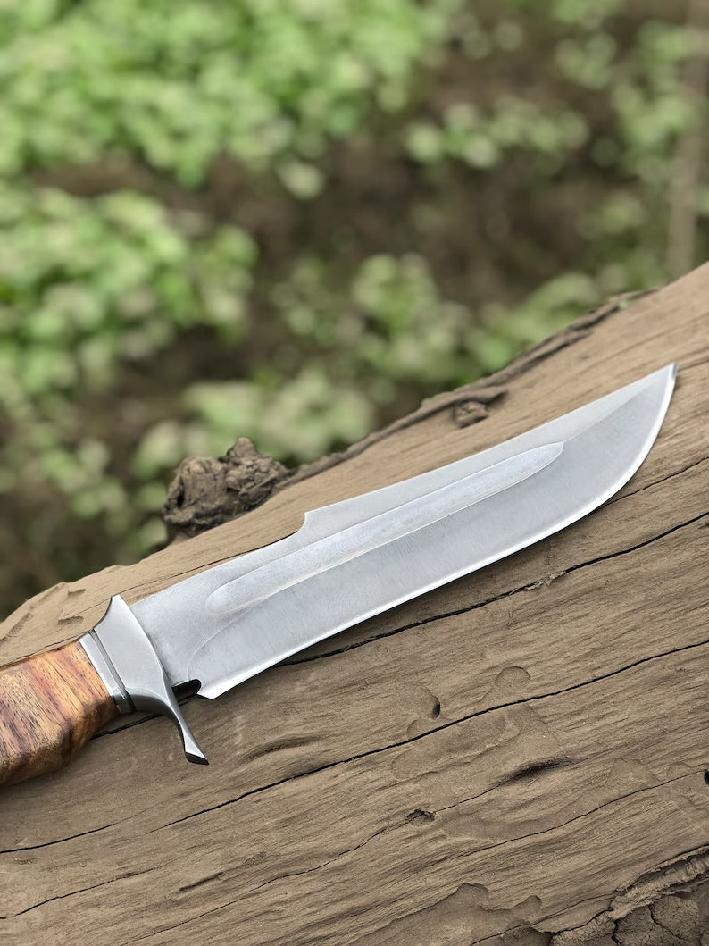 Custom handmade 15-inch Bowie knife with acid wash D2 steel blade, rosewood handle, steel guard, and leather sheath.