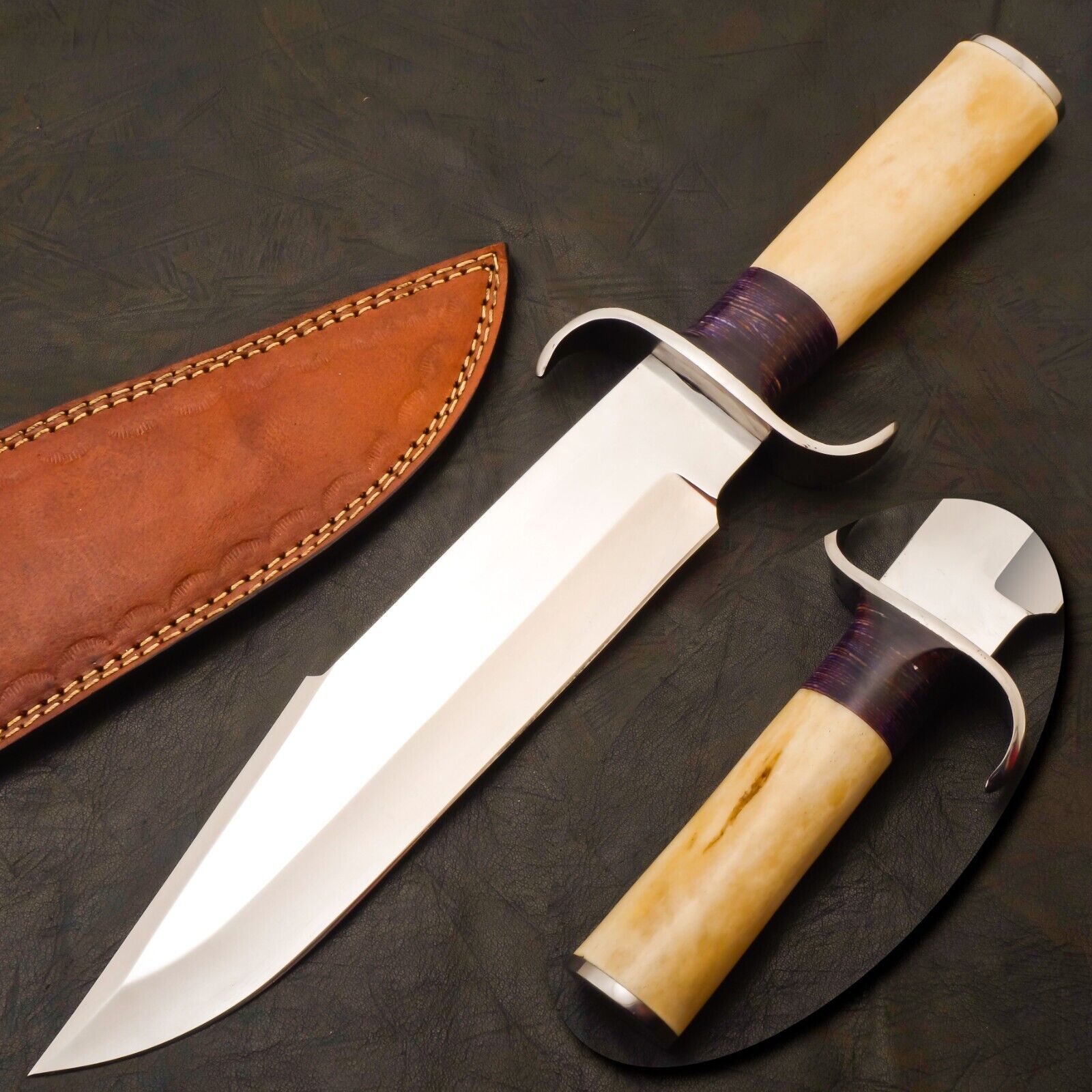 Custom Handmade J2 Steel Bowie Knife with Steel Guard, Camel Bone & Pakkawood Handle – 16" Overall Length, Includes Leather Sheath